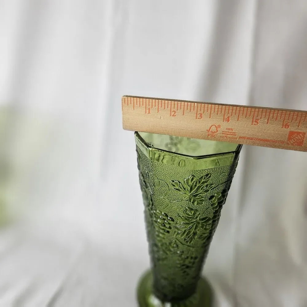 Indiana Vase, Footed, Tall, Green, octagonal, Pressed Glass- grapes vines leaves